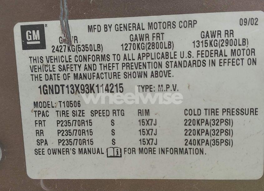 Photo 9 of 2003 Chevrolet Blazer LS (VIN 1GNDT13X93K114215)