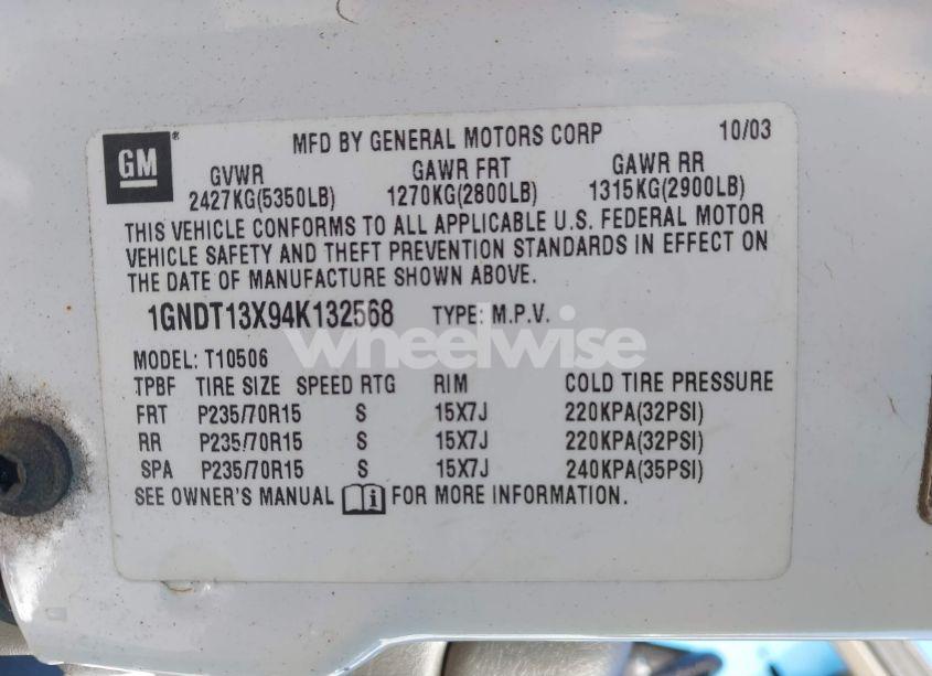 Photo 9 of 2004 Chevrolet Blazer LS (VIN 1GNDT13X94K132568)