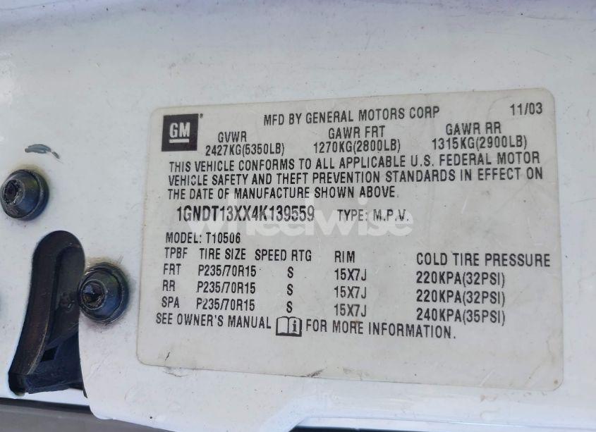 Photo 9 of 2004 Chevrolet Blazer LS (VIN 1GNDT13XX4K139559)