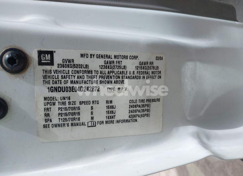 Photo 9 of 2004 Chevrolet Venture PLUS (VIN 1GNDU03E04D242872)