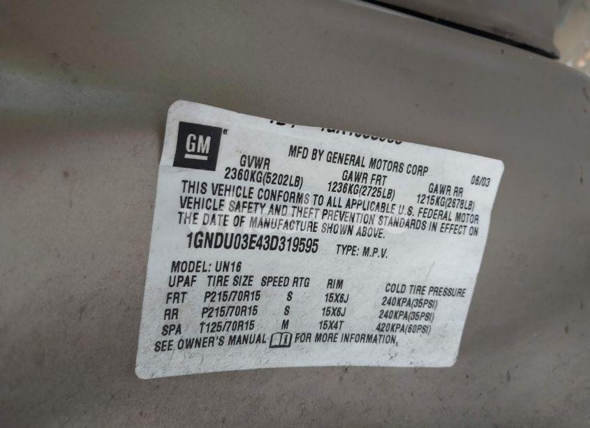 Photo 9 of 2003 Chevrolet Venture LS (VIN 1GNDU03E43D319595)