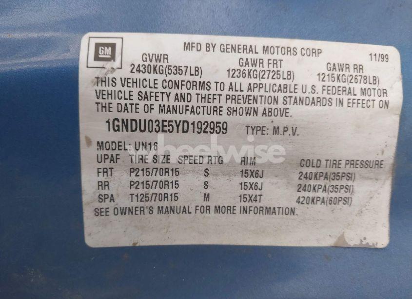 Photo 9 of 2000 Chevrolet Venture PLUS (VIN 1GNDU03E5YD192959)