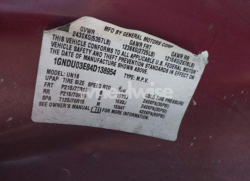 Photo 9 of 2004 Chevrolet Venture LS (VIN 1GNDU03E84D138954)