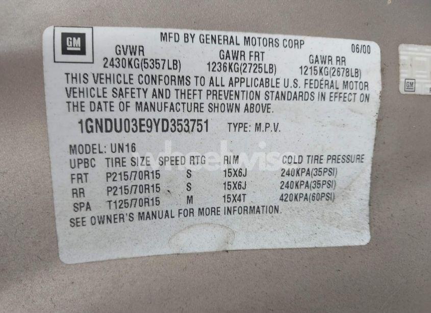 Photo 9 of 2000 Chevrolet Venture LS (VIN 1GNDU03E9YD353751)