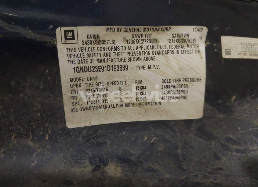 Photo 9 of 2001 Chevrolet Venture VALUE VAN (VIN 1GNDU23E91D193839)