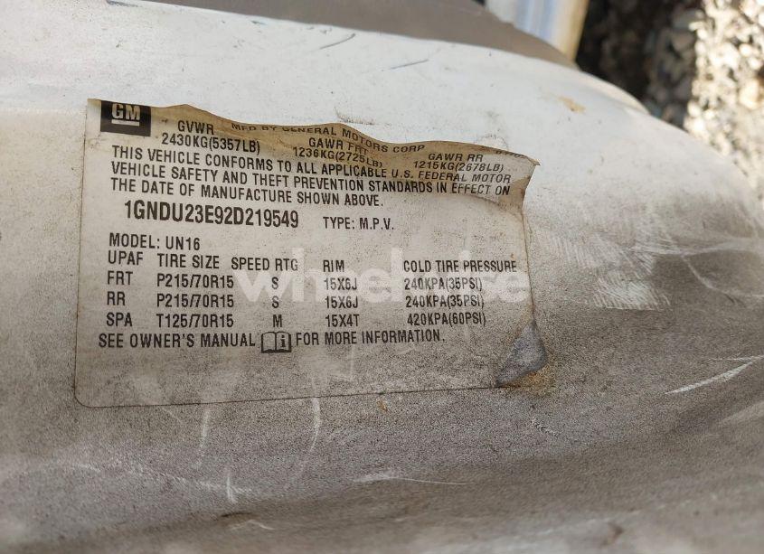 Photo 9 of 2002 Chevrolet Venture VALUE VAN (VIN 1GNDU23E92D219549)