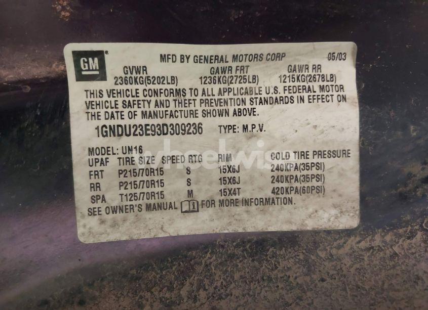 Photo 9 of 2003 Chevrolet Venture VALUE VAN (VIN 1GNDU23E93D309236)