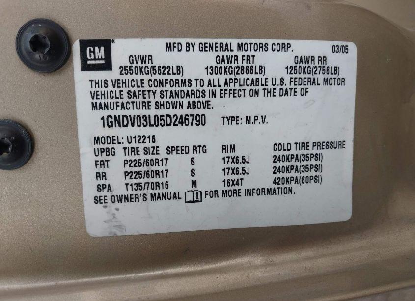 Photo 9 of 2005 Chevrolet Uplander (VIN 1GNDV03L05D246790)