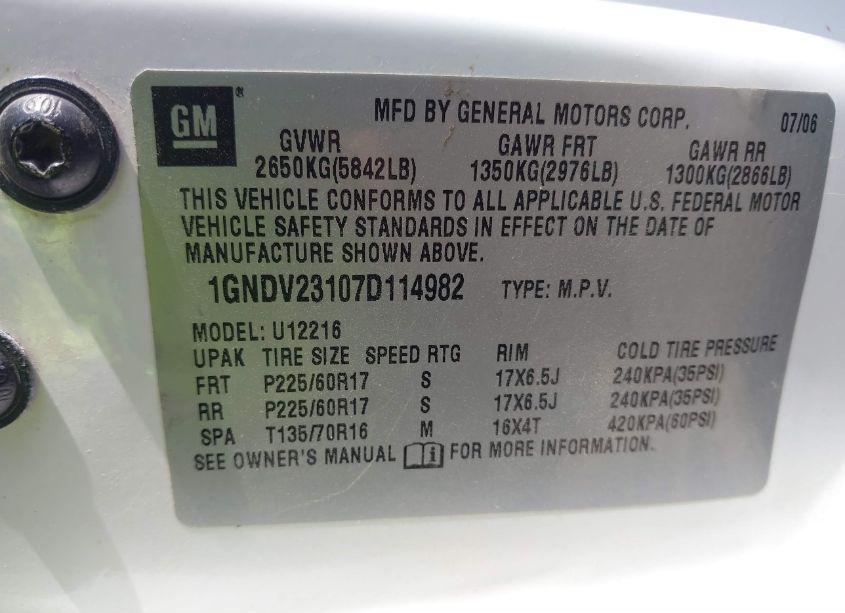 Photo 9 of 2007 Chevrolet Uplander LS (VIN 1GNDV23107D114982)