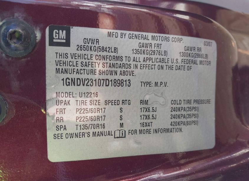 Photo 9 of 2007 Chevrolet Uplander LS (VIN 1GNDV23107D189813)