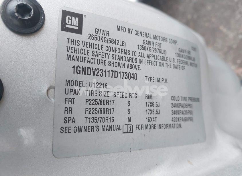 Photo 9 of 2007 Chevrolet Uplander LS (VIN 1GNDV23117D173040)