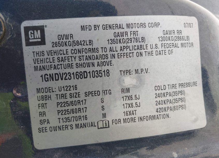 Photo 9 of 2008 Chevrolet Uplander LS (VIN 1GNDV23168D103518)