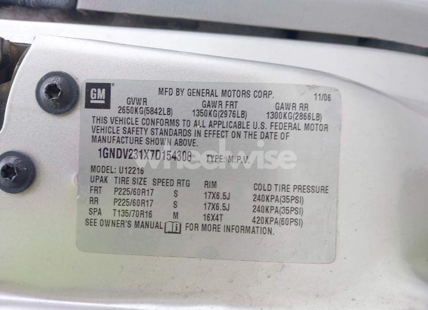 Photo 9 of 2007 Chevrolet Uplander LS (VIN 1GNDV231X7D154308)