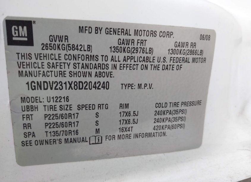 Photo 9 of 2008 Chevrolet Uplander LS (VIN 1GNDV231X8D204240)