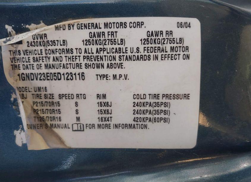 Photo 9 of 2005 Chevrolet Venture LS (VIN 1GNDV23E05D123116)