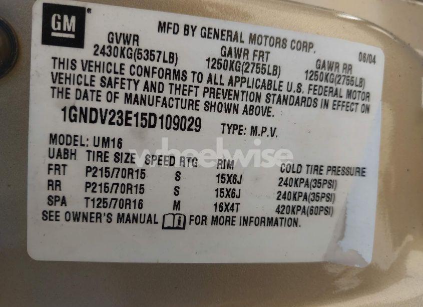 Photo 9 of 2005 Chevrolet Venture LS (VIN 1GNDV23E15D109029)