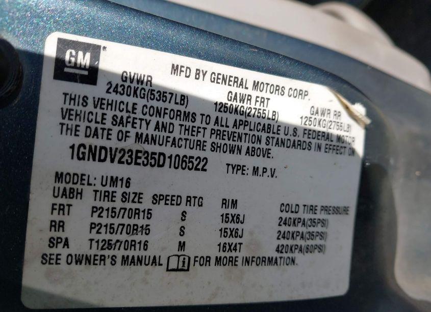 Photo 9 of 2005 Chevrolet Venture LS (VIN 1GNDV23E35D106522)