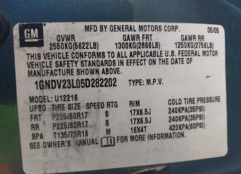 Photo 9 of 2005 Chevrolet Uplander LS (VIN 1GNDV23L05D282202)