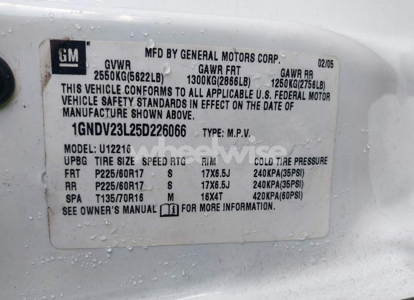 Photo 9 of 2005 Chevrolet Uplander LS (VIN 1GNDV23L25D226066)