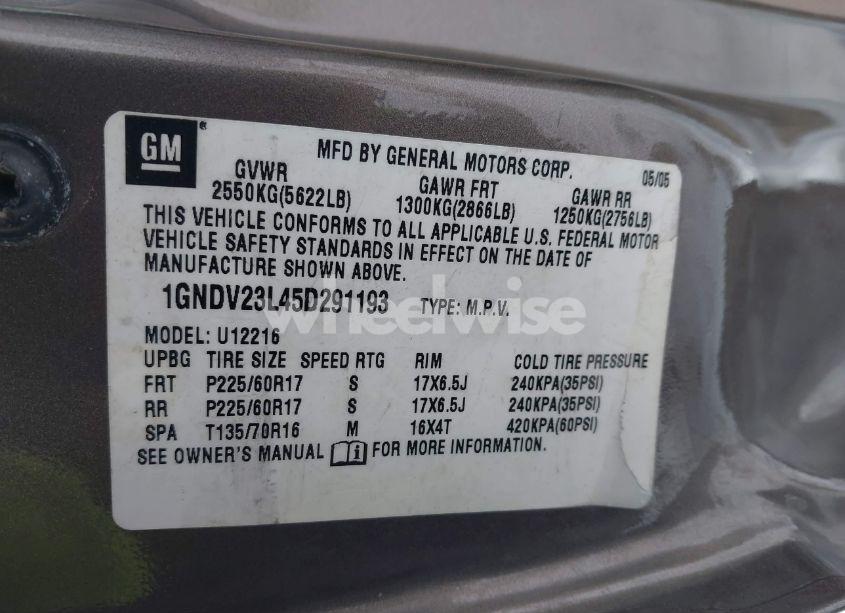 Photo 9 of 2005 Chevrolet Uplander LS (VIN 1GNDV23L45D291193)