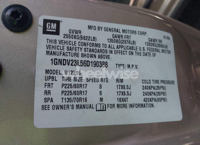 Photo 9 of 2006 Chevrolet Uplander LS (VIN 1GNDV23L56D190388)