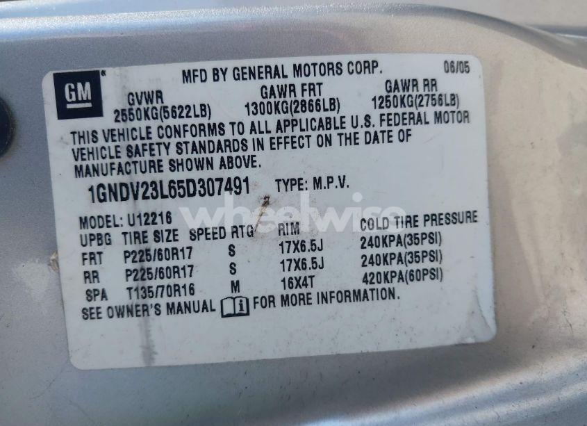 Photo 9 of 2005 Chevrolet Uplander LS (VIN 1GNDV23L65D307491)