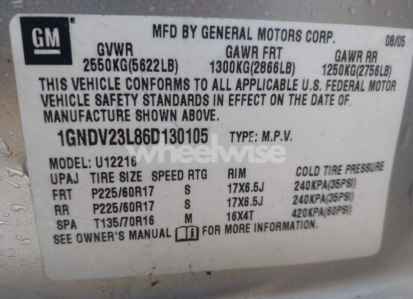 Photo 9 of 2006 Chevrolet Uplander LS (VIN 1GNDV23L86D130105)