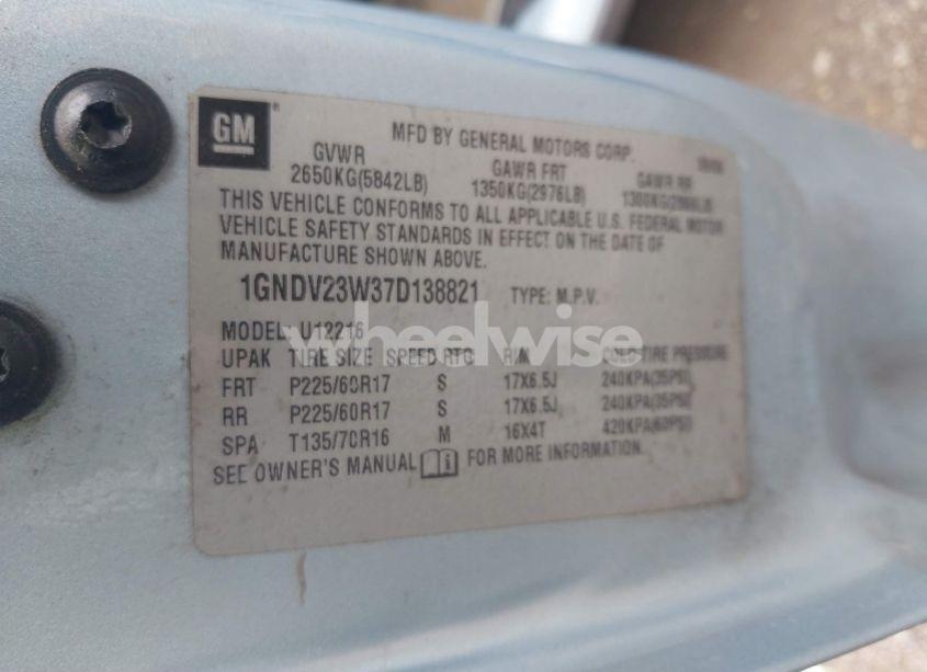 Photo 9 of 2007 Chevrolet Uplander LS (VIN 1GNDV23W37D138821)