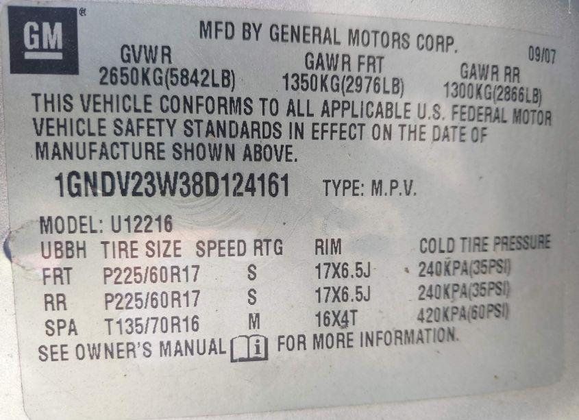 Photo 9 of 2008 Chevrolet Uplander LS (VIN 1GNDV23W38D124161)