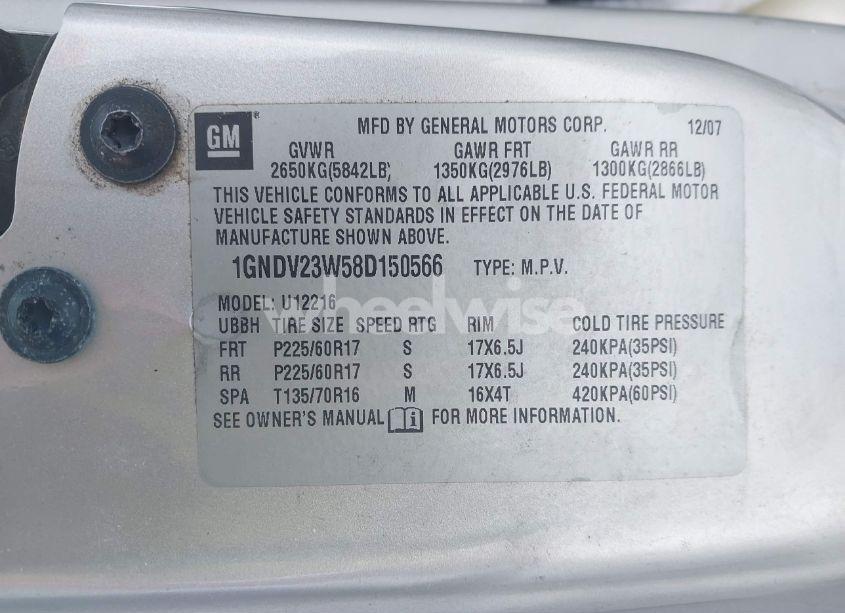 Photo 9 of 2008 Chevrolet Uplander LS (VIN 1GNDV23W58D150566)