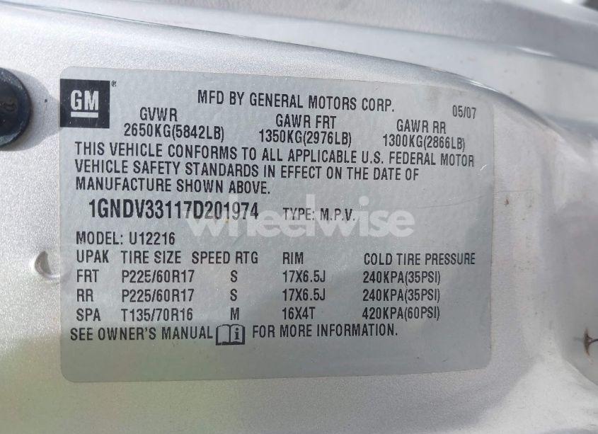 Photo 9 of 2007 Chevrolet Uplander LT (VIN 1GNDV33117D201974)