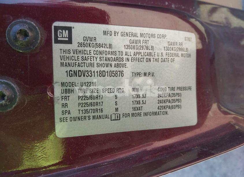 Photo 9 of 2008 Chevrolet Uplander LT (VIN 1GNDV33118D105876)