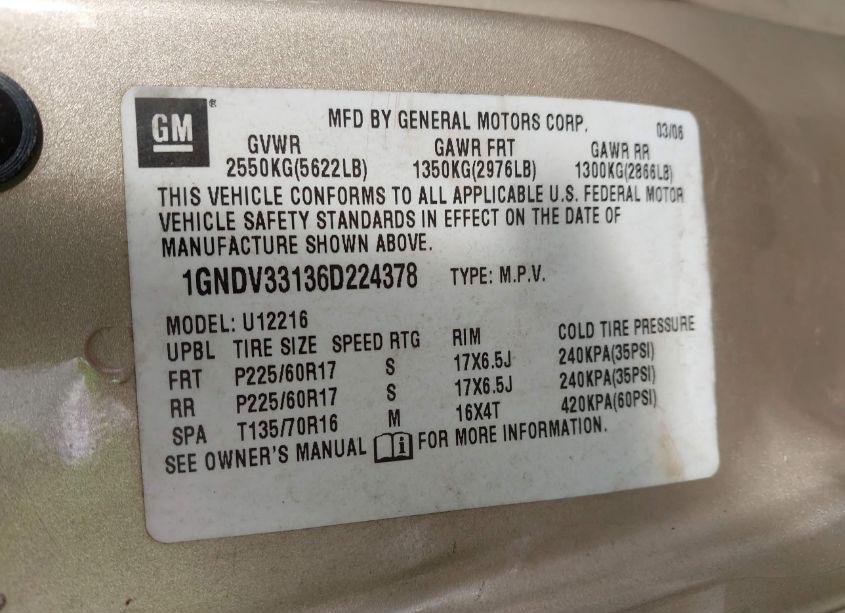 Photo 9 of 2006 Chevrolet Uplander LT (VIN 1GNDV33136D224378)