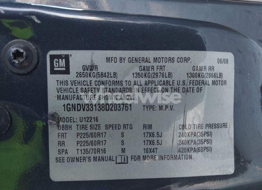 Photo 9 of 2008 Chevrolet Uplander LT (VIN 1GNDV33138D203761)