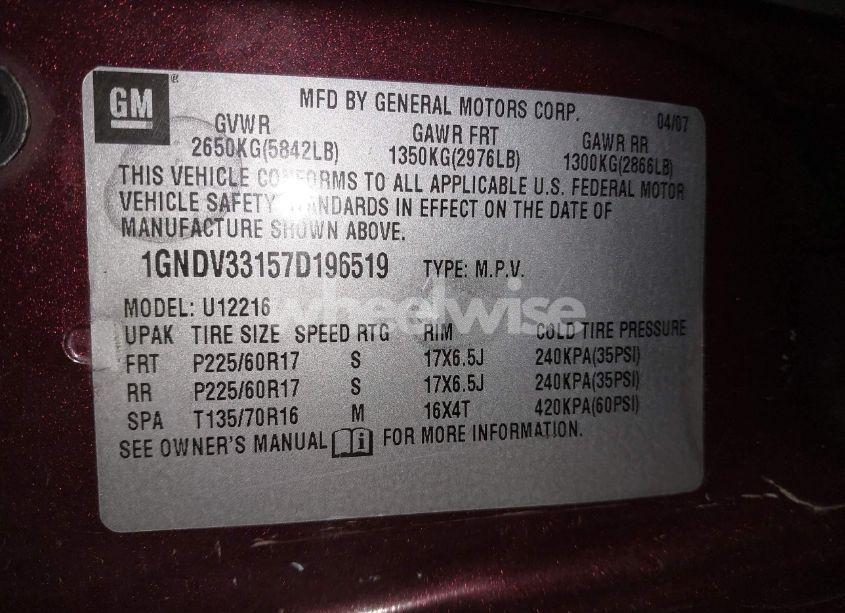 Photo 9 of 2007 Chevrolet Uplander LT (VIN 1GNDV33157D196519)