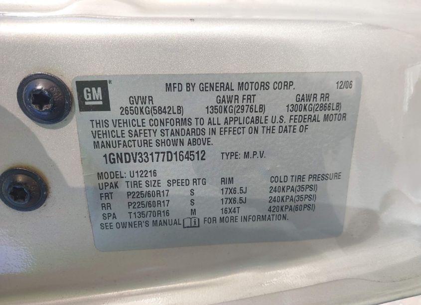 Photo 9 of 2007 Chevrolet Uplander LT (VIN 1GNDV33177D164512)