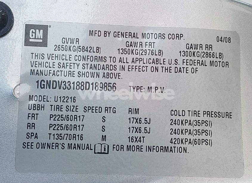 Photo 9 of 2008 Chevrolet Uplander LT (VIN 1GNDV33188D189856)