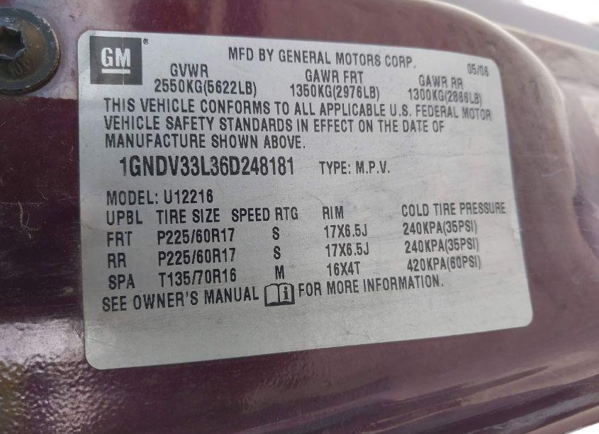 Photo 9 of 2006 Chevrolet Uplander LT (VIN 1GNDV33L36D248181)