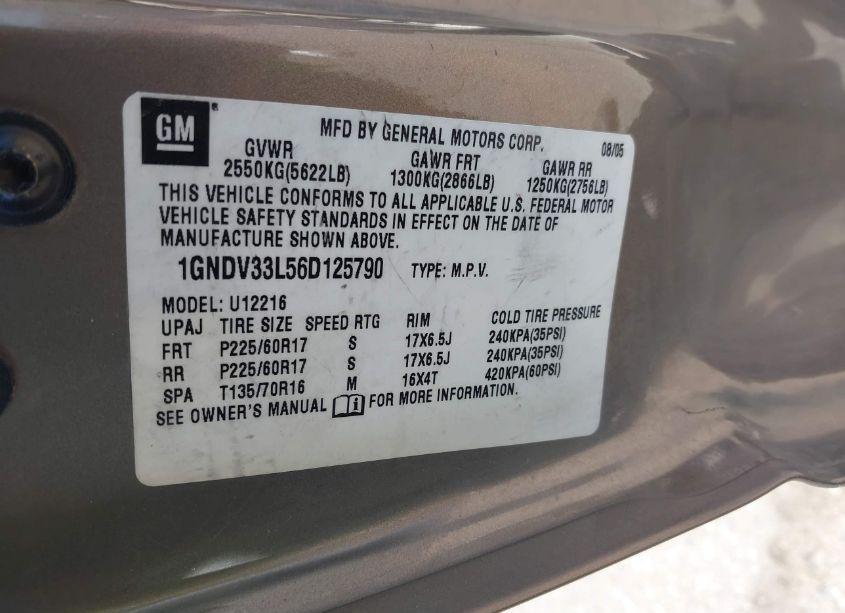 Photo 9 of 2006 Chevrolet Uplander LT (VIN 1GNDV33L56D125790)