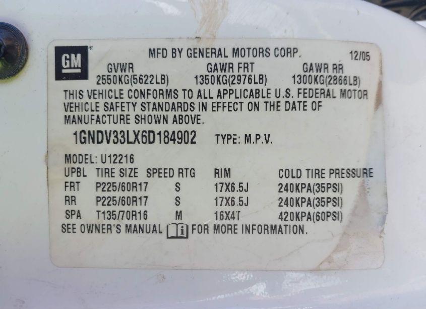 Photo 9 of 2006 Chevrolet Uplander LT (VIN 1GNDV33LX6D184902)