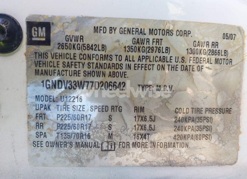 Photo 9 of 2007 Chevrolet Uplander LT (VIN 1GNDV33W77D206642)