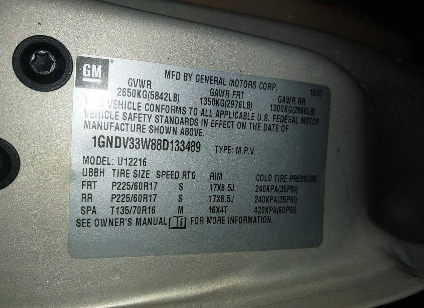 Photo 9 of 2008 Chevrolet Uplander LT (VIN 1GNDV33W88D133489)