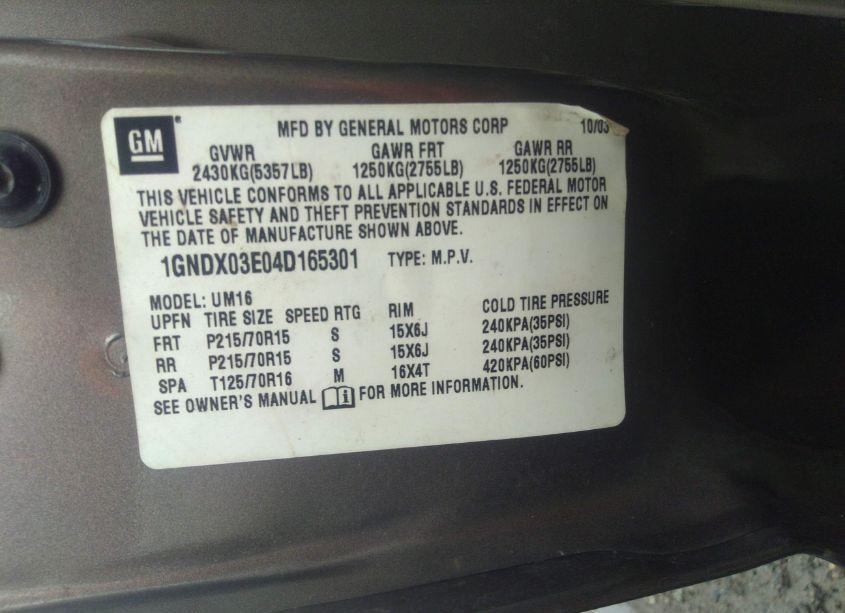 Photo 9 of 2004 Chevrolet Venture LS (VIN 1GNDX03E04D165301)