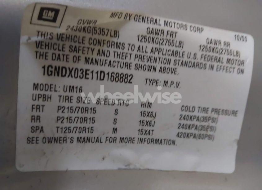 Photo 9 of 2001 Chevrolet Venture LS (VIN 1GNDX03E11D168882)