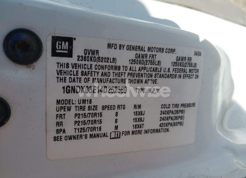 Photo 9 of 2004 Chevrolet Venture PLUS (VIN 1GNDX03E14D252589)