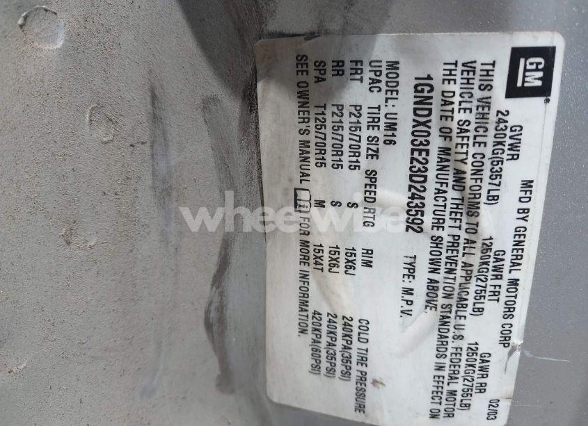 Photo 9 of 2003 Chevrolet Venture LT W/1SD (VIN 1GNDX03E23D243592)