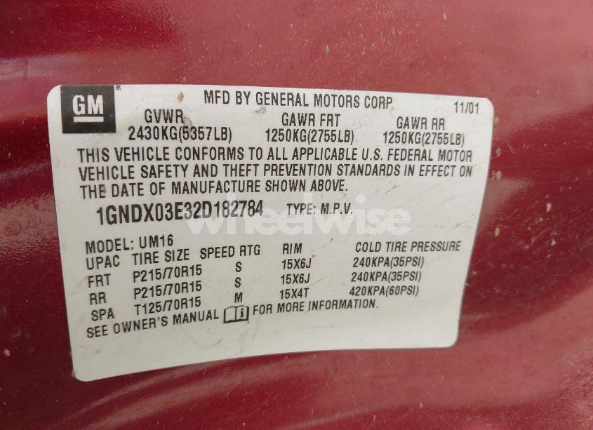 Photo 9 of 2002 Chevrolet Venture PLUS (VIN 1GNDX03E32D182784)