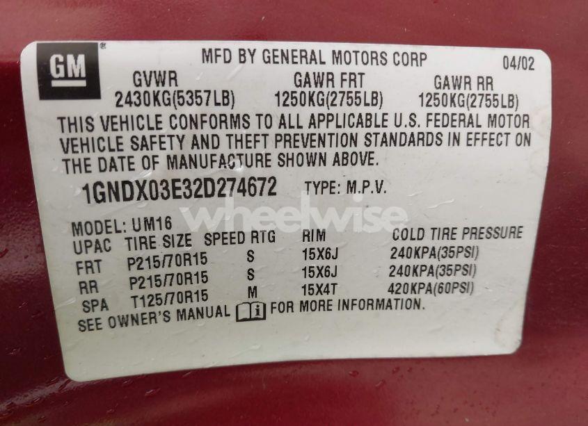 Photo 9 of 2002 Chevrolet Venture LT (VIN 1GNDX03E32D274672)