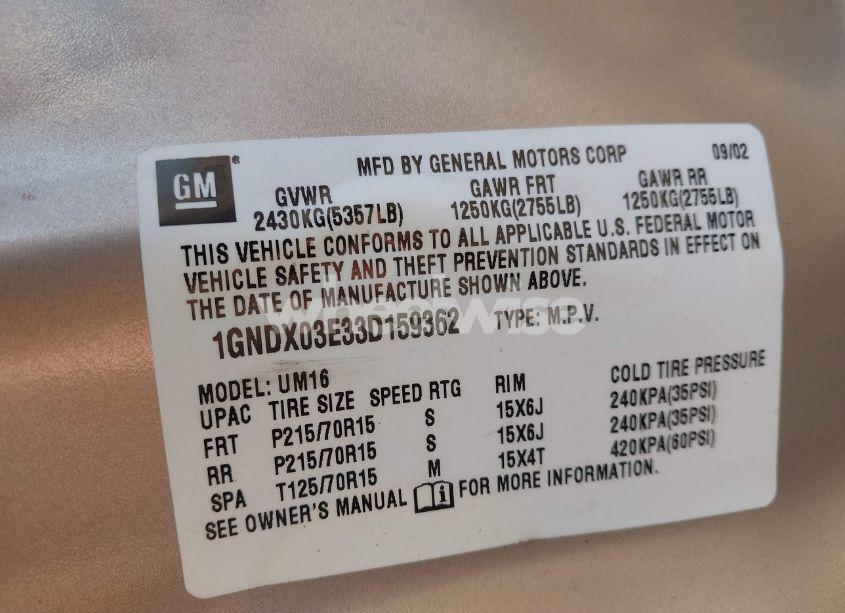 Photo 9 of 2003 Chevrolet Venture LS (VIN 1GNDX03E33D159362)