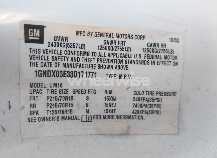 Photo 9 of 2003 Chevrolet Venture LS (VIN 1GNDX03E33D171771)